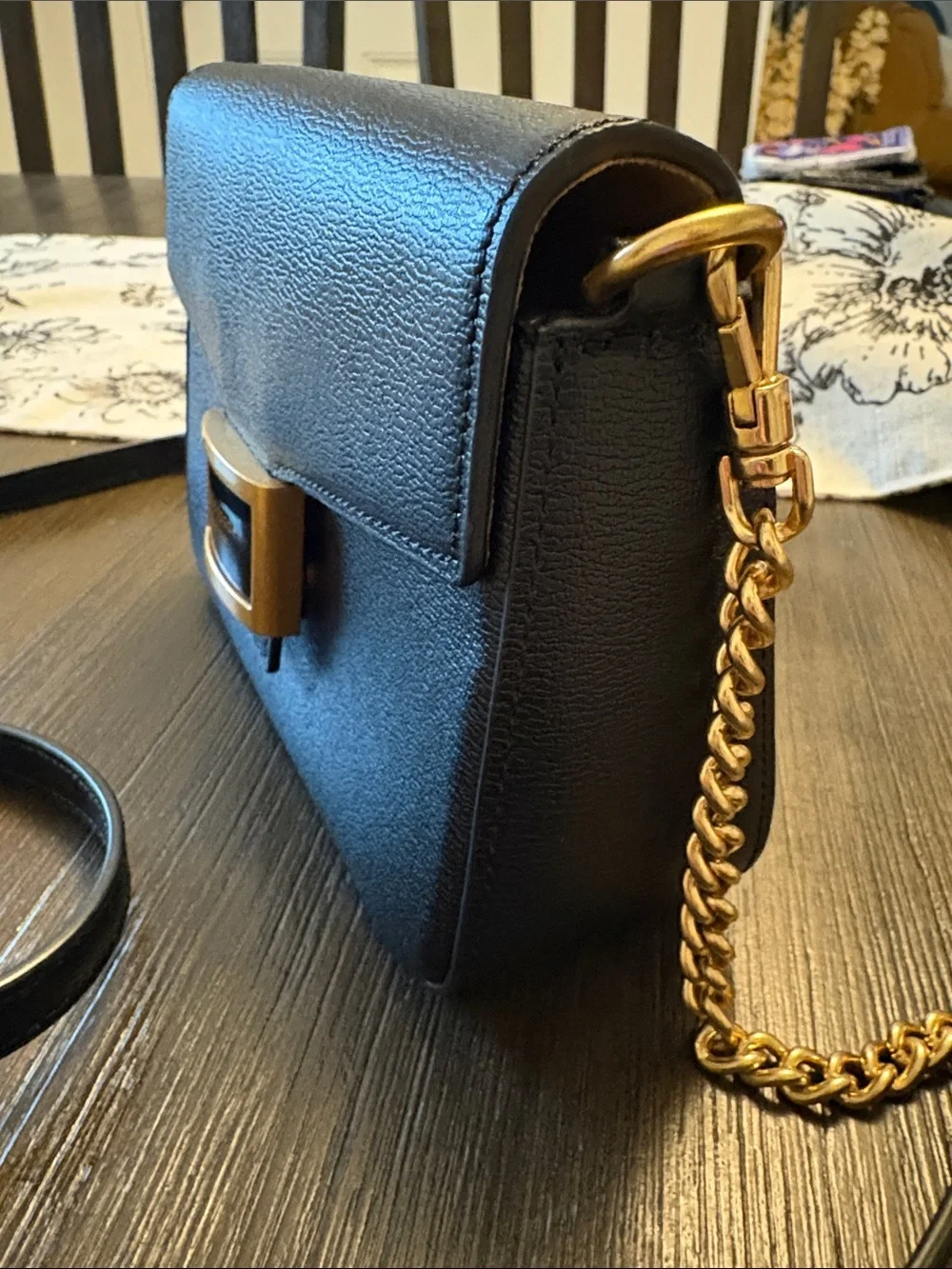 kate spade “Katy” Black Leather Crossbody with Gold Chain Detail